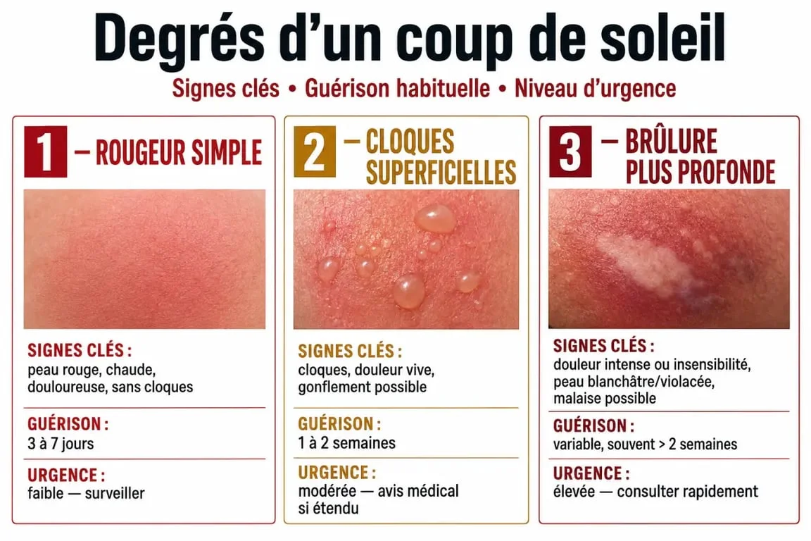 Coup de soleil peau : tableau visuel des degrés de brûlure, des symptômes et du niveau d’urgence