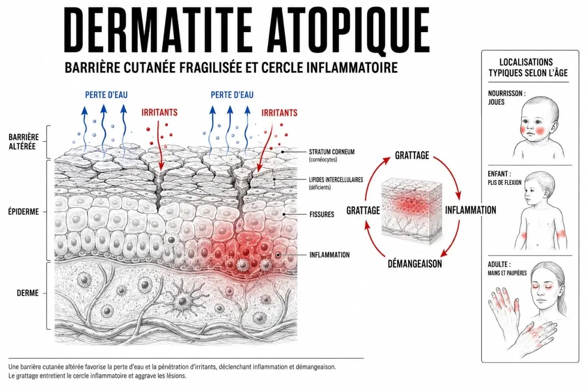 Schéma de la dermatite atopique montrant la barrière cutanée fragilisée et les zones touchées selon l’âge