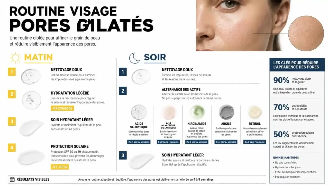 Pores dilatés visage : routine soin matin et soir avec acide salicylique, niacinamide et rétinol