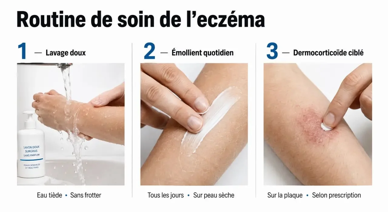Comment traiter l'eczéma : routine quotidienne avec émollient et dermocorticoïde sur la peau