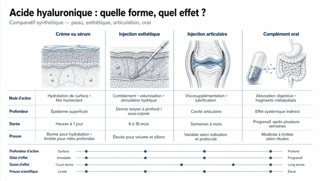 Comparatif acide hyaluronique entre crème, injection et complément oral