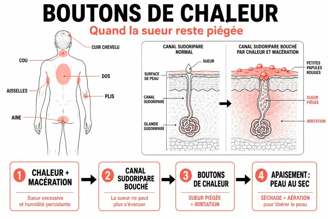 Boutons de chaleur : schéma des canaux sudoripares bouchés et des zones du corps touchées