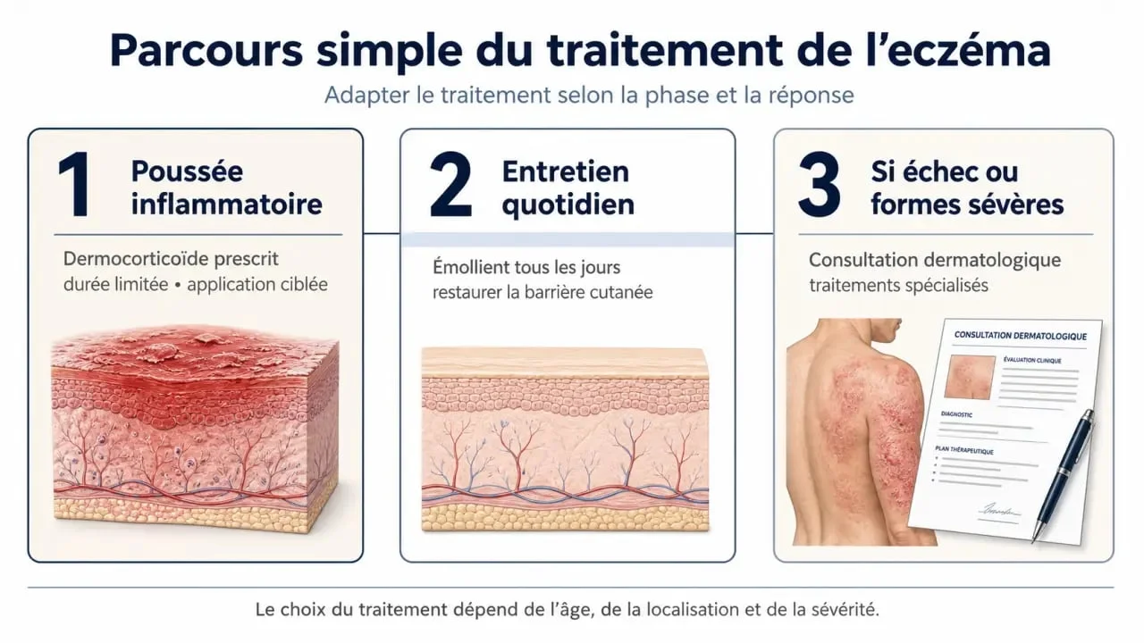 Traitement de l’eczéma : schéma des étapes entre poussée, entretien et consultation