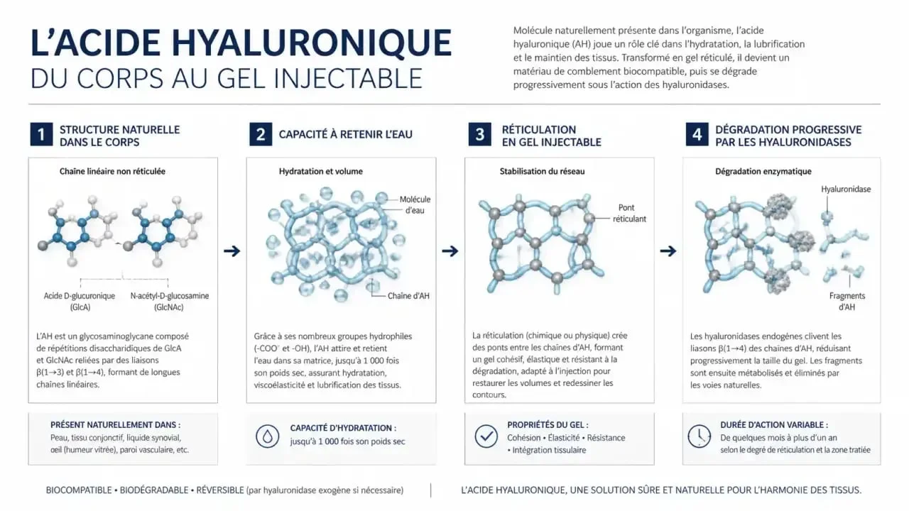 Schéma de l’acide hyaluronique et de sa dégradation