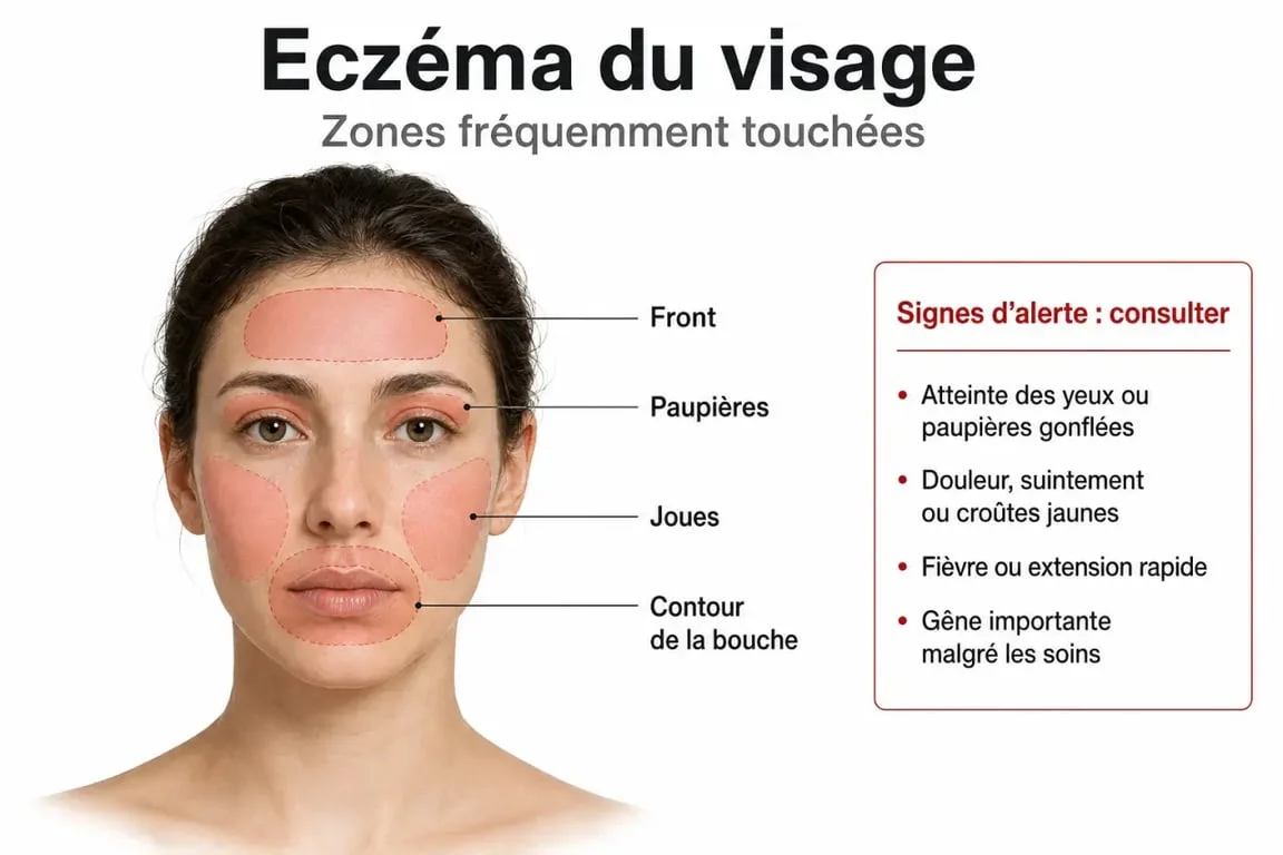 Eczema du visage : schéma des zones les plus touchées et des signes d’alerte