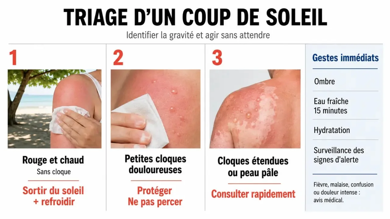 Coup de soleil que faire : triage des signes, gestes immédiats et seuils de consultation