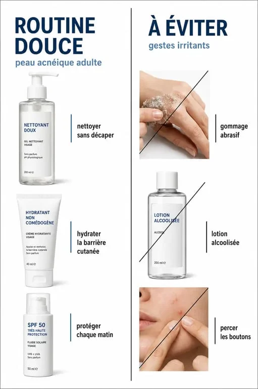 Acné adulte peau : routine douce et gestes à éviter pour une peau réactive