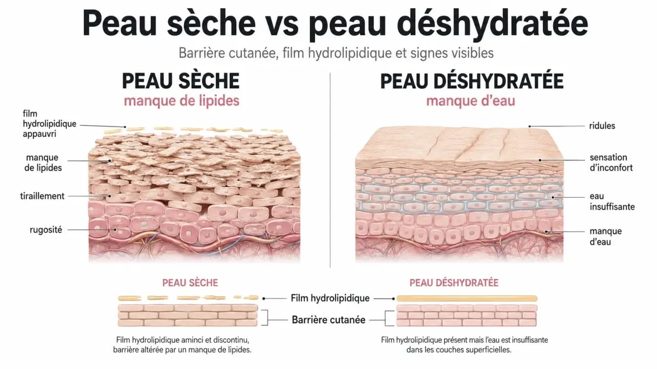 Peau sèche du visage comparée à une peau déshydratée dans un schéma clair de barrière cutanée