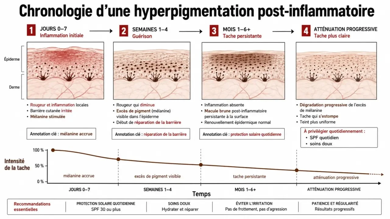 Hyperpigmentation post-inflammatoire : évolution d’une marque foncée dans le temps avec protection solaire et soins doux