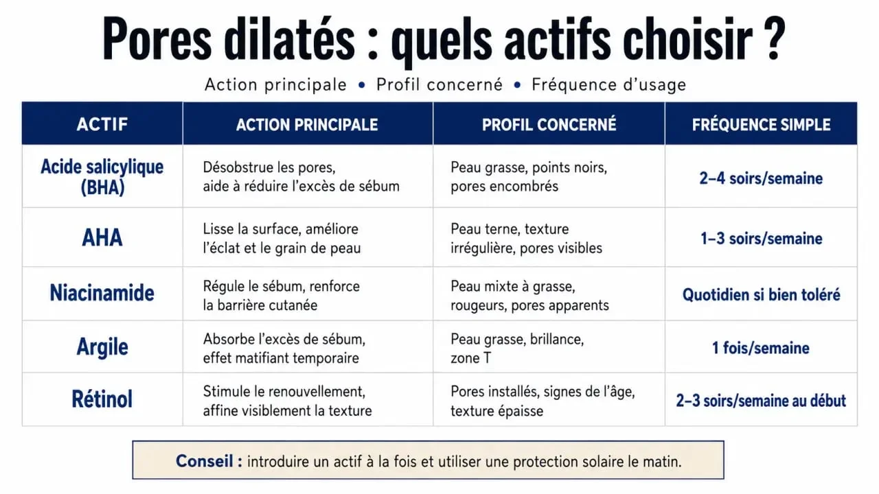 Pores dilatés visage : tableau visuel des actifs comme acide salicylique, AHA, niacinamide, argile et rétinol