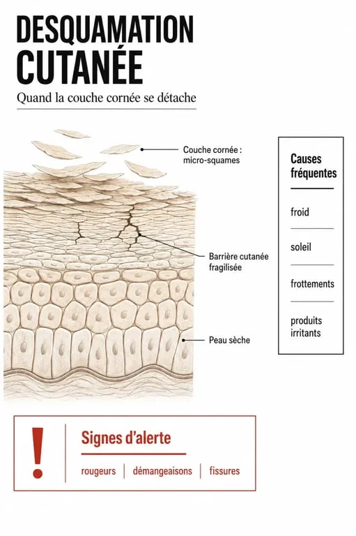 Desquamation de la peau : causes fréquentes illustrées sur un schéma médical