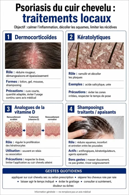 Psoriasis du cuir chevelu : traitements et shampooings, synthèse visuelle des traitements locaux et des précautions d’usage