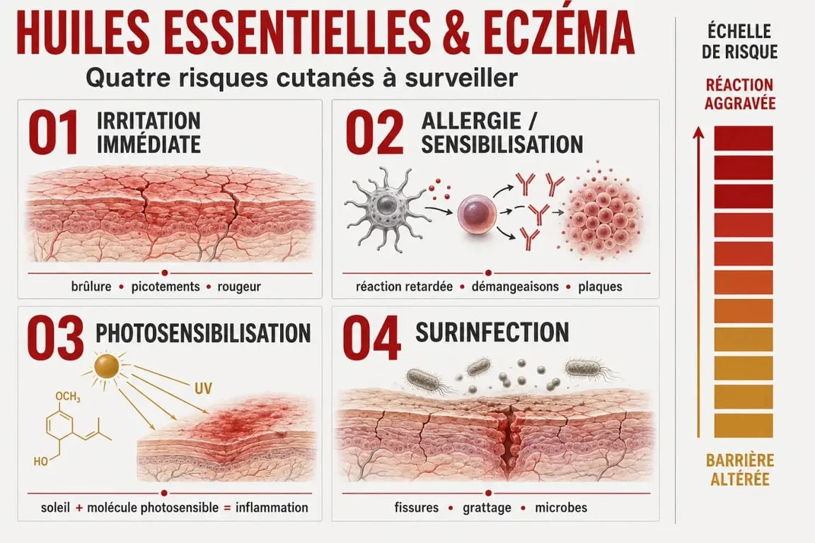 Huiles essentielles et eczema : precautions, schéma des principaux risques cutanés