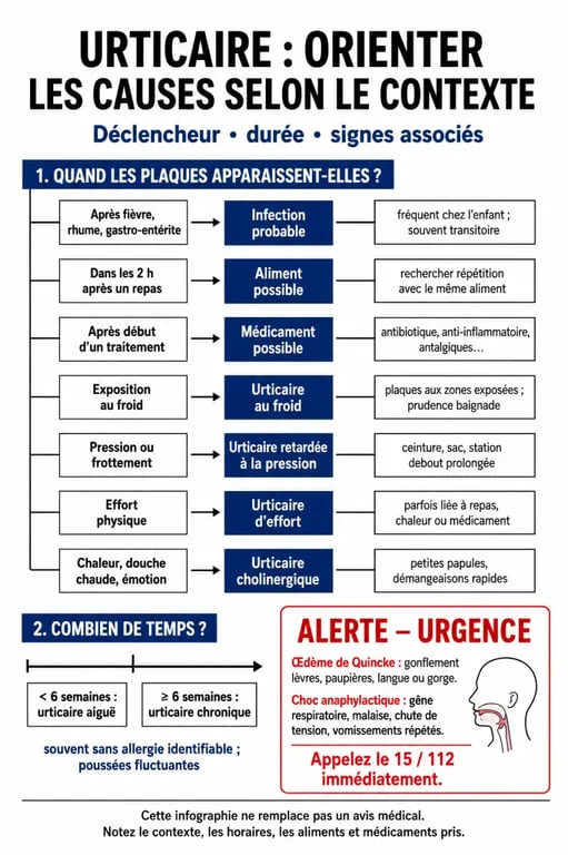 Urticaire causes : tri rapide des causes possibles selon le déclencheur et la durée