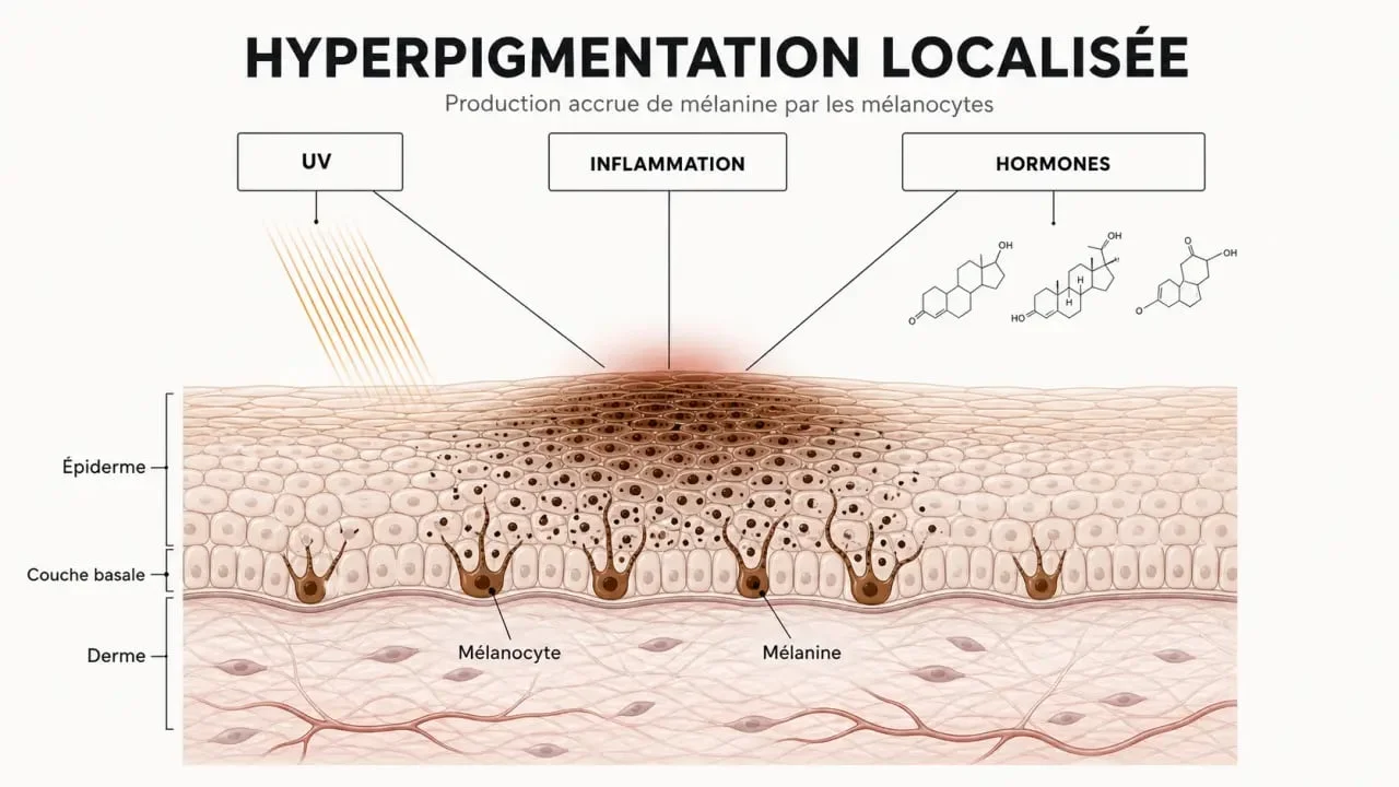 Hyperpigmentation et taches : schéma du mécanisme de formation dans la peau et des principaux facteurs déclenchants