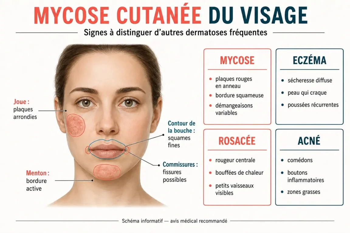Mycose cutanée visage : schéma des zones touchées et des signes typiques