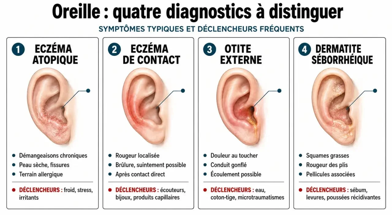 Eczema de l'oreille : les particularites comparées avec eczéma atopique, eczéma de contact, otite externe et dermatite séborrhéique