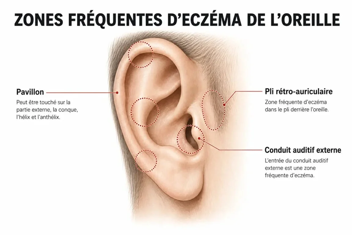 Eczema de l'oreille : les particularites des zones touchées sur un schéma de l’oreille externe