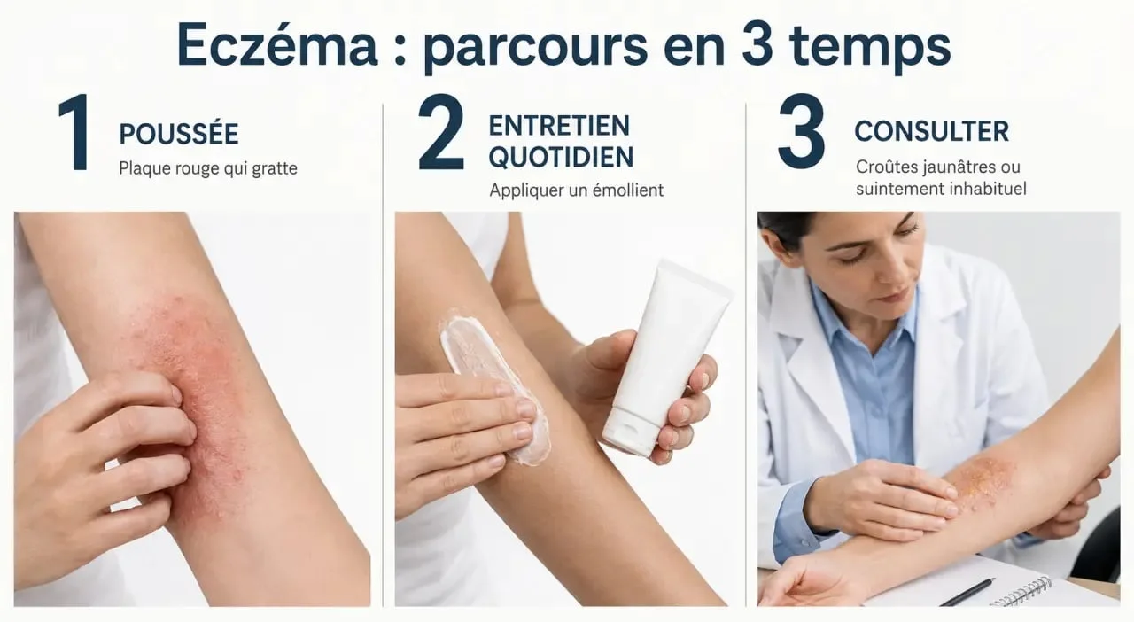 Traiter eczéma : schéma des étapes poussée, entretien et consultation