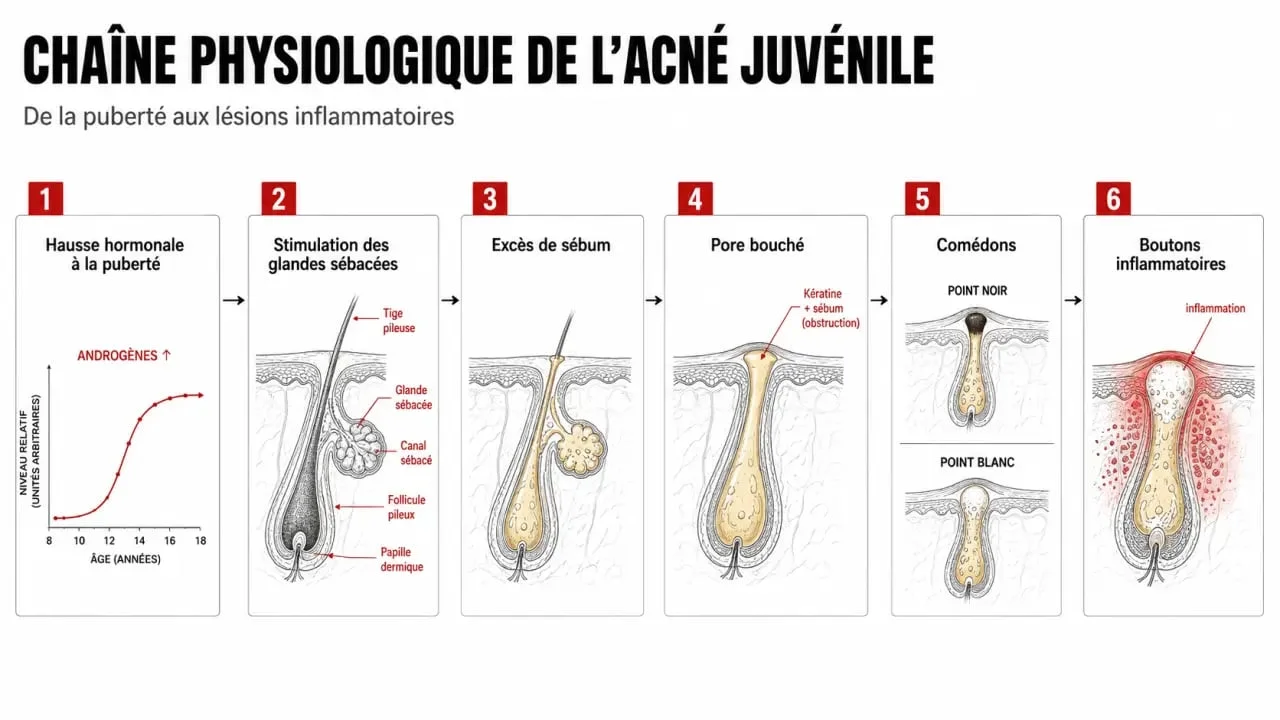 Schéma de l’acné juvénile chez l’adolescent : puberté, excès de sébum et pores bouchés