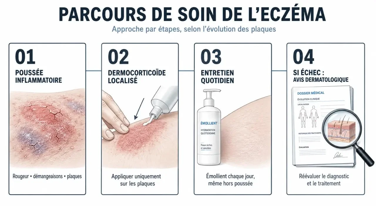 Eczéma traitement : parcours de soin en 4 étapes avec dermocorticoïde et émollient