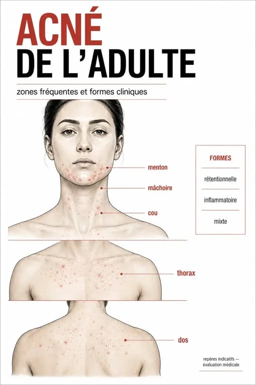 Acné de l'adulte : zones typiques du visage, du cou et du tronc