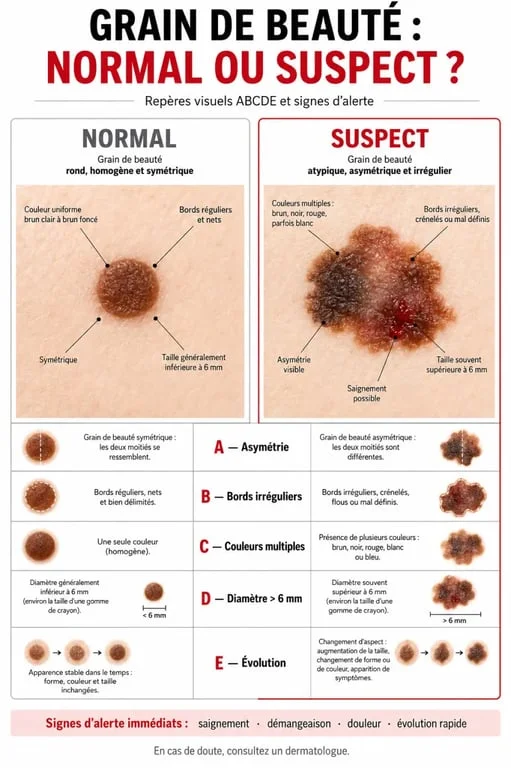 Surveillance d'un grain de beauté : comparaison visuelle entre grain de beauté normal et suspect avec signes d’alerte