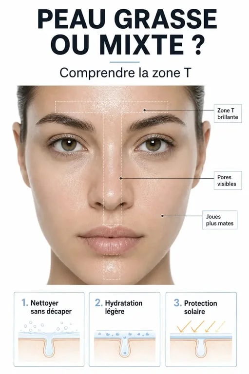 Peau grasse du visage : schéma éditorial de la zone T, des pores visibles et d’une routine douce