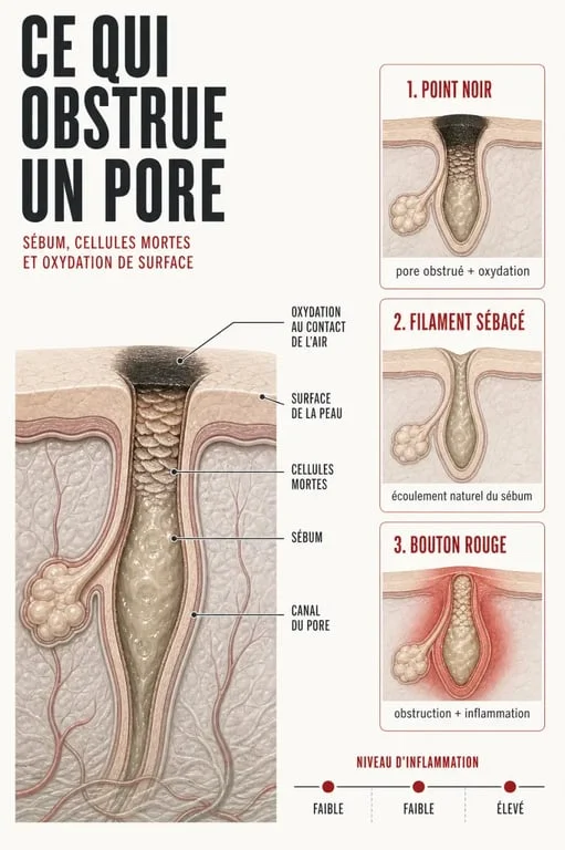Points noirs sur le nez : schéma comparatif d’un pore bouché, d’un filament sébacé et d’un bouton rouge
