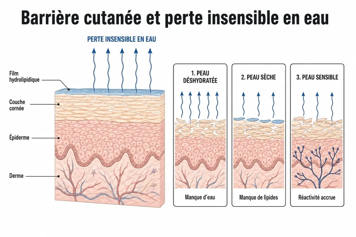 Déshydratation visage : schéma de la barrière cutanée et comparaison des signes