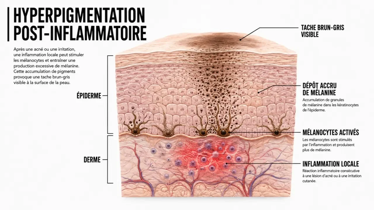 Hyperpigmentation post-inflammatoire : schéma de l’inflammation cutanée qui stimule la mélanine et laisse une tache
