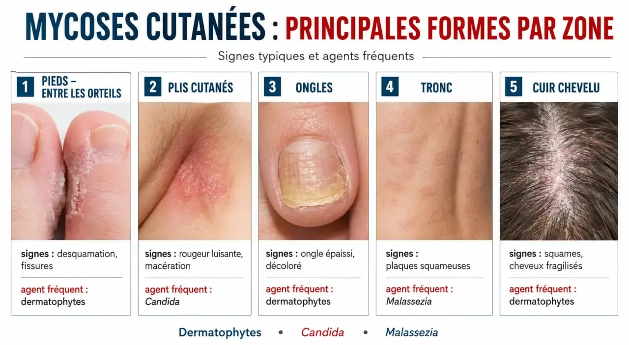 Mycose de la peau : synthèse visuelle des principales formes selon la zone, les symptômes et l’agent en cause