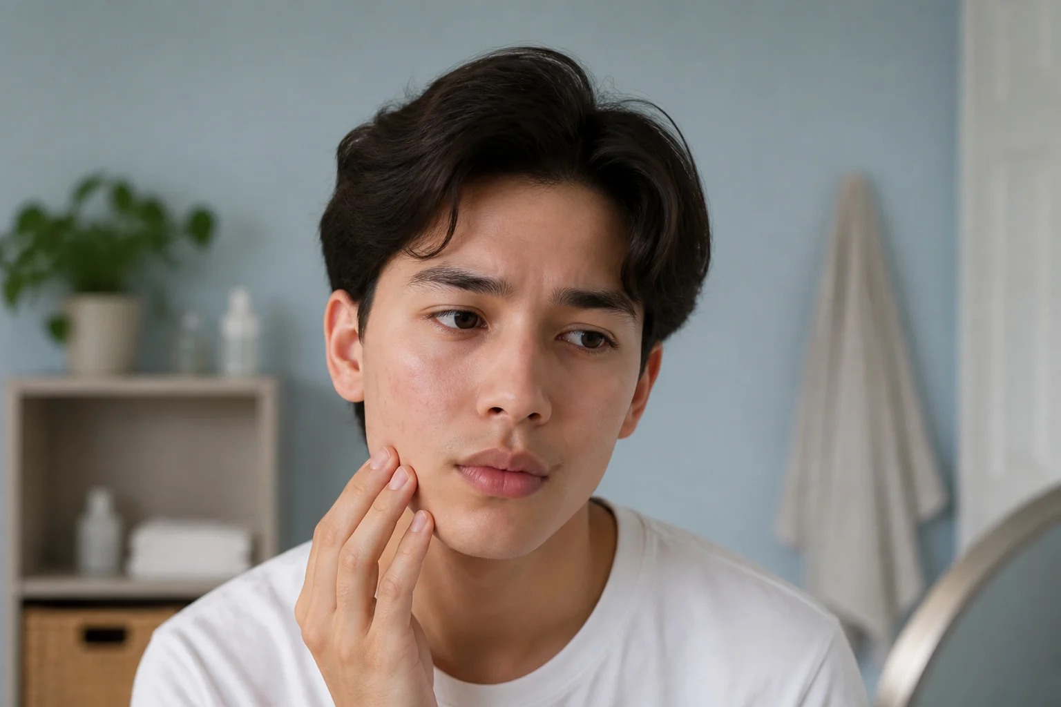 Jeune adulte pensif examinant sa peau