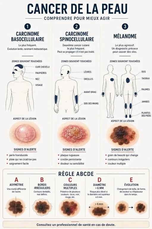 Cancer de la peau : signes d'alerte et dépistage, infographie comparative des lésions typiques et des critères ABCDE