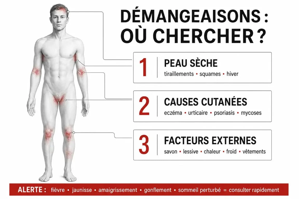 Démangeaisons de la peau : schéma des causes fréquentes et des signes d’alerte