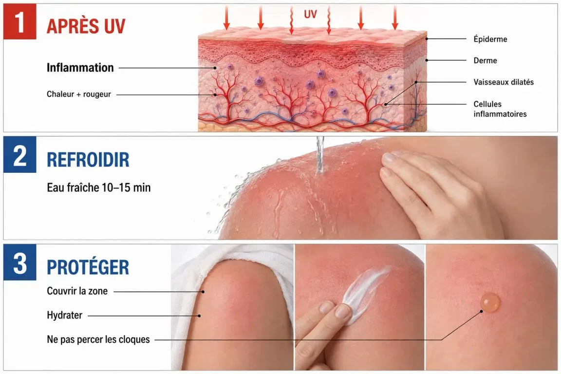 Coup de soleil peau : schéma des réactions de la peau et des gestes à faire rapidement