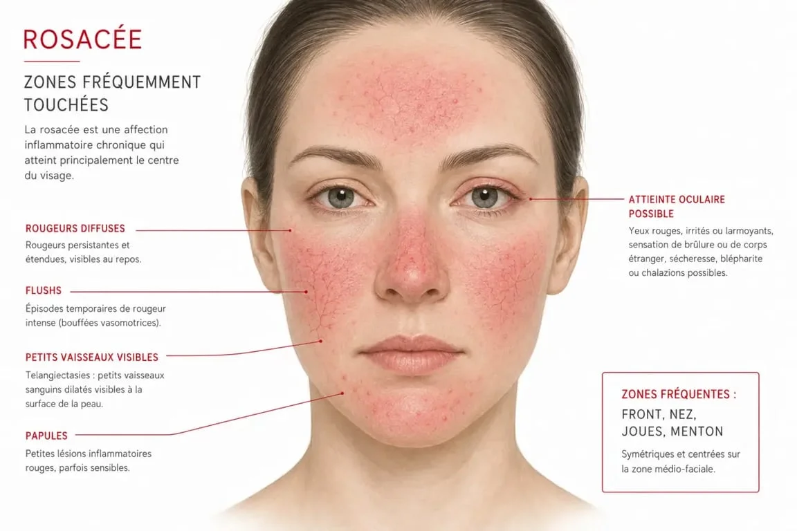 Schéma de la rosacée visage montrant les zones rouges, les vaisseaux visibles et les boutons