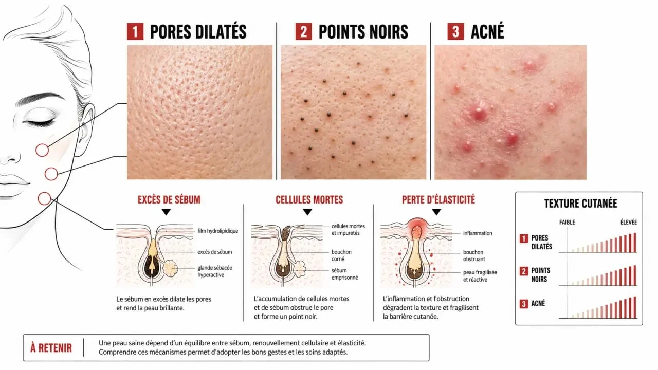Pores dilatés visage : comparaison visuelle entre pores dilatés, points noirs et acné