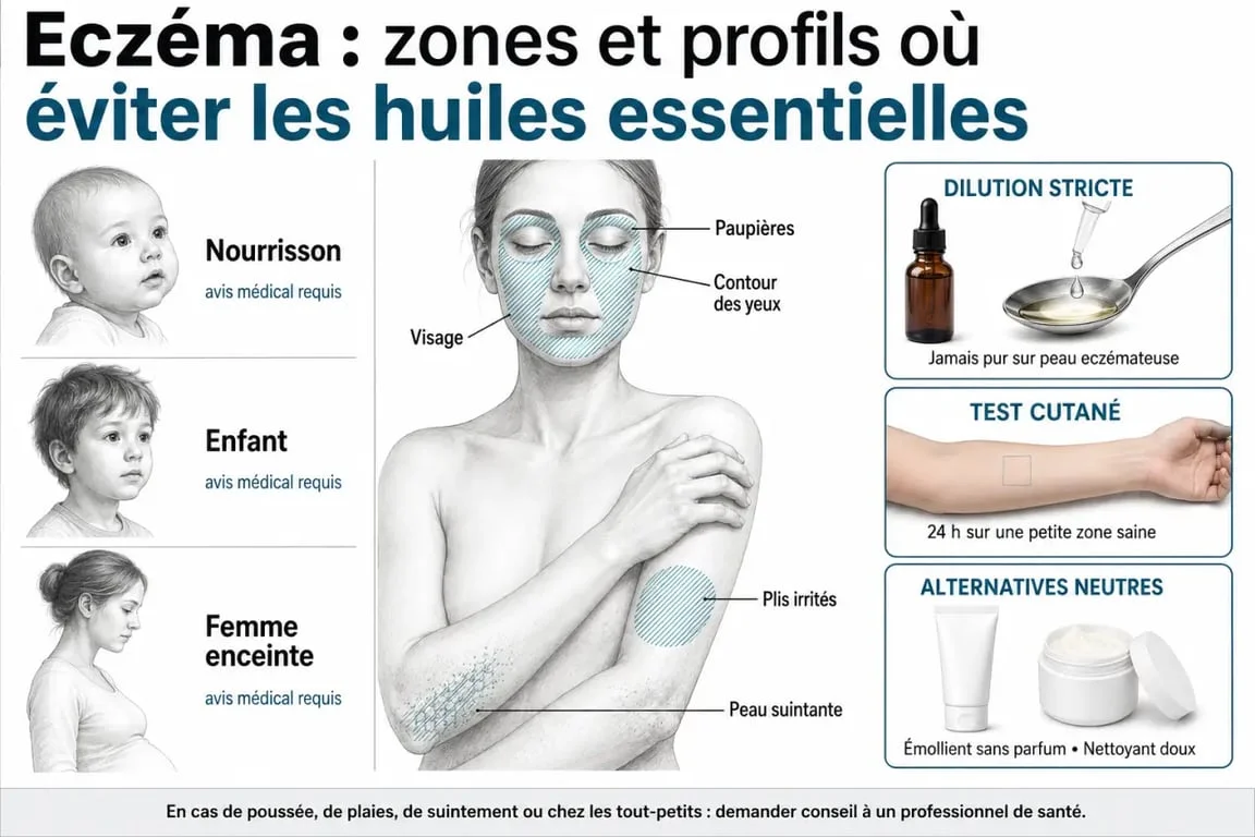Huiles essentielles et eczema : precautions pour les profils à risque et les zones sensibles