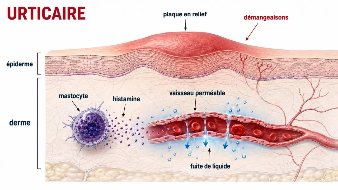 Schéma de l’urticaire aiguë et chronique peau montrant mastocytes, histamine et gonflement cutané