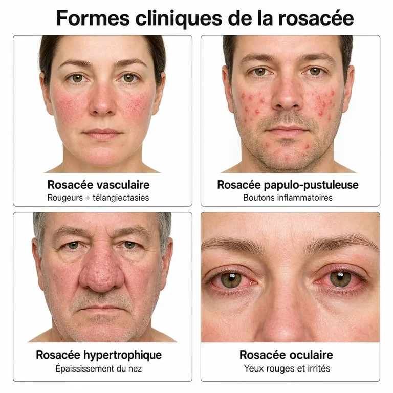 Rosacée du visage : comparaison visuelle des 4 formes principales
