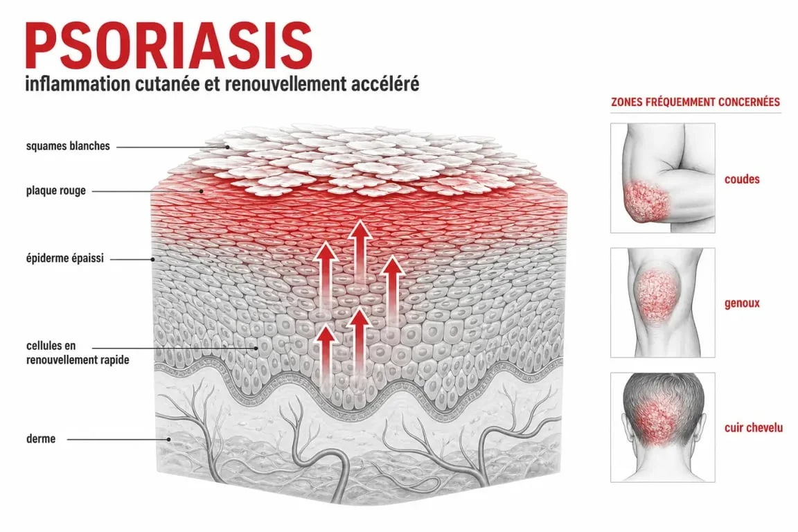 Schéma du psoriasis peau montrant l'inflammation et les plaques rouges squameuses