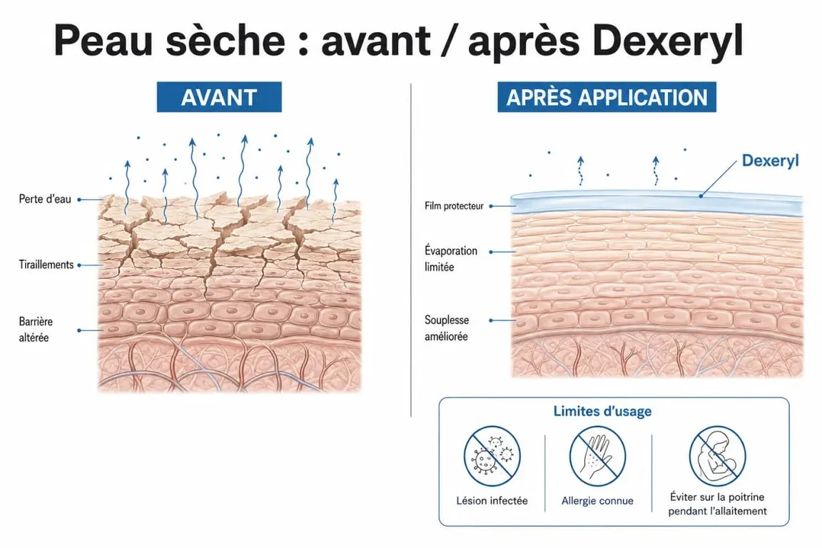 Dexeryl et émollients : schéma du mode d’action sur la barrière cutanée et des limites d’usage