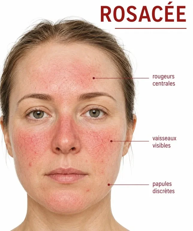 Rosacée du visage : illustration des rougeurs centrales et des petits vaisseaux visibles