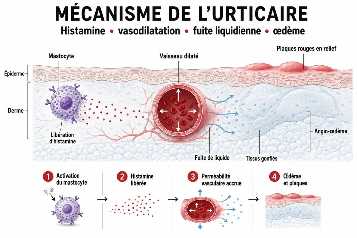 Urticaire causes : schéma du rôle des mastocytes et de l’histamine dans la peau