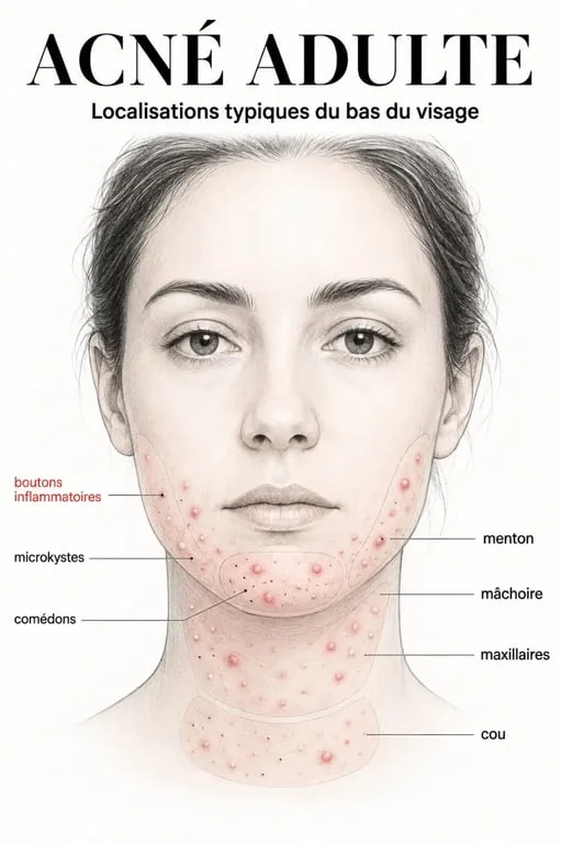 Acné adulte peau : visage adulte montrant les zones typiques du menton et de la mâchoire